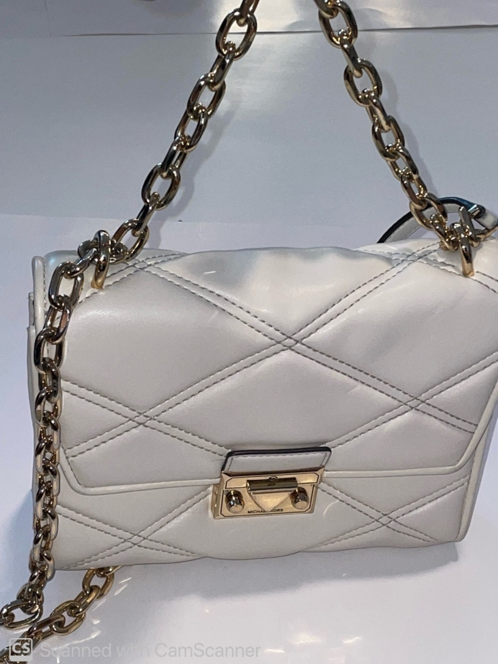 Michael Kors Beige Quilted Crossbody Bag Gold-Tone Chain Push Lock Small